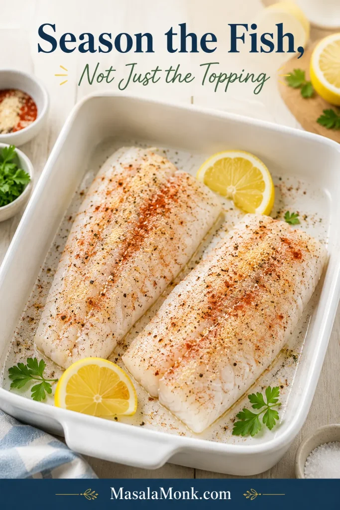 Haddock fillets in a white baking dish being seasoned with lemon, paprika, garlic powder, salt, and pepper before topping.