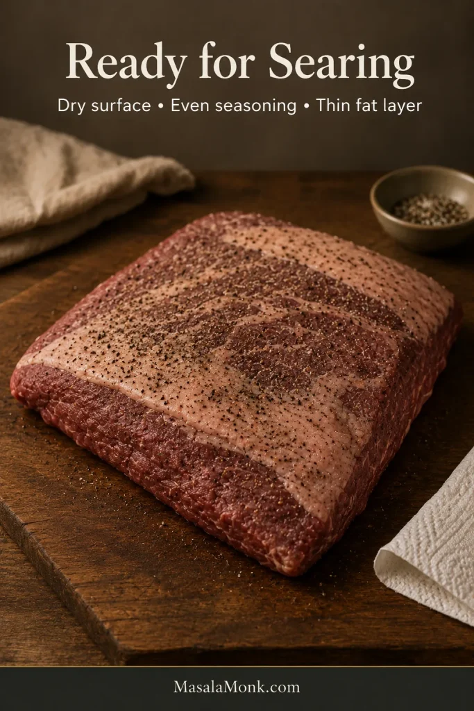 Raw brisket flat on a wooden board, patted dry and evenly seasoned with salt and coarse black pepper before searing.