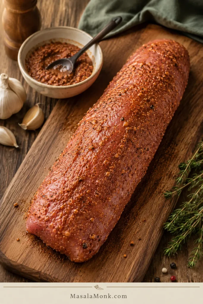 Raw pork tenderloin coated evenly with reddish garlic Dijon seasoning paste on a wooden board.
