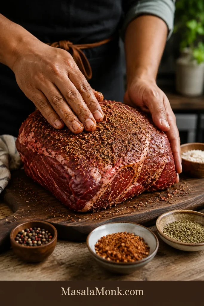 Hands seasoning a chuck roast on a board with visible spice coverage for slow cooker pot roast.