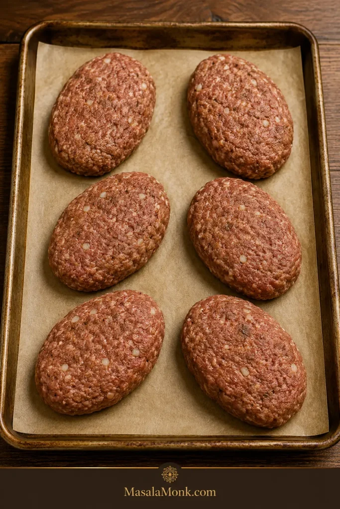 Six raw oval Salisbury steak patties arranged on parchment paper before browning.