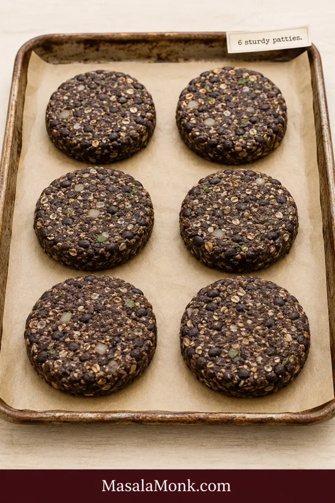 Six uncooked black bean burger patties on parchment paper on a baking tray, with visible beans, oats, herbs, and onion pieces.