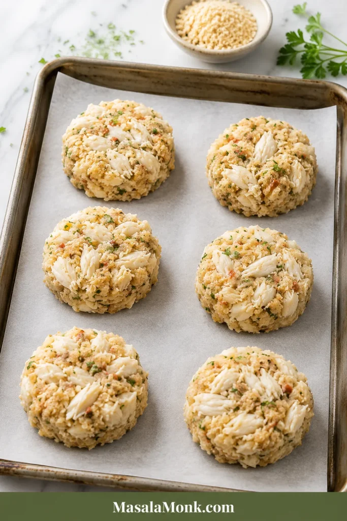 Six shaped lump crab cakes arranged on parchment before chilling.
