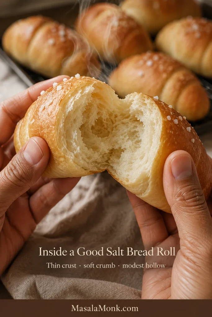 Hands holding a freshly torn salt bread roll with a pale soft crumb, thin crust and small hollow, with more rolls blurred in the background.