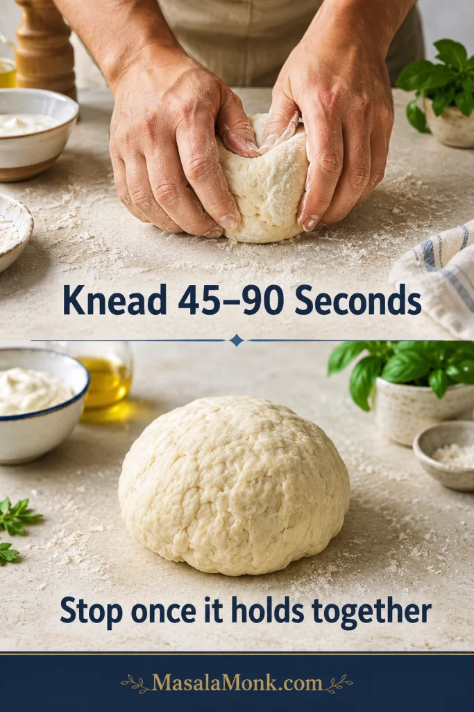 Hands kneading Greek yogurt pizza dough briefly, followed by a soft dough ball on a floured counter.