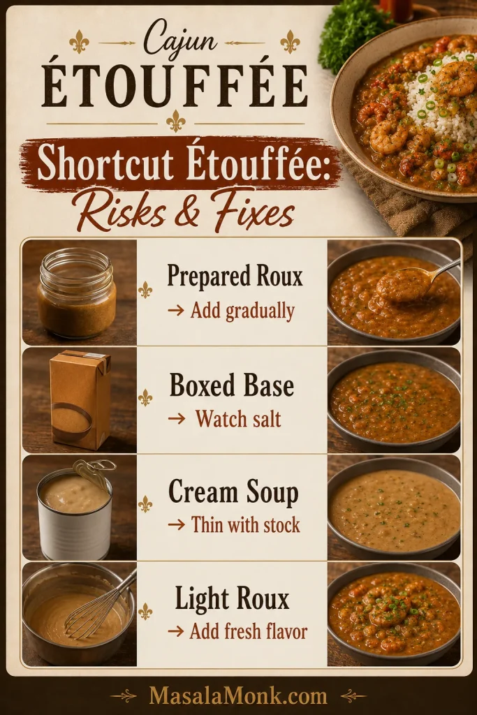 Shortcut étouffée guide showing prepared roux, boxed base, cream soup, and light roux fixes