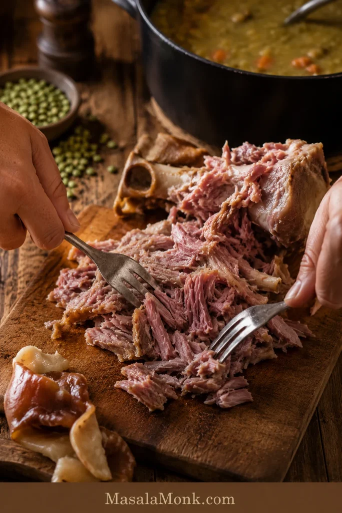 Tender ham being shredded from a bone on a wooden board with a soup pot in the background.