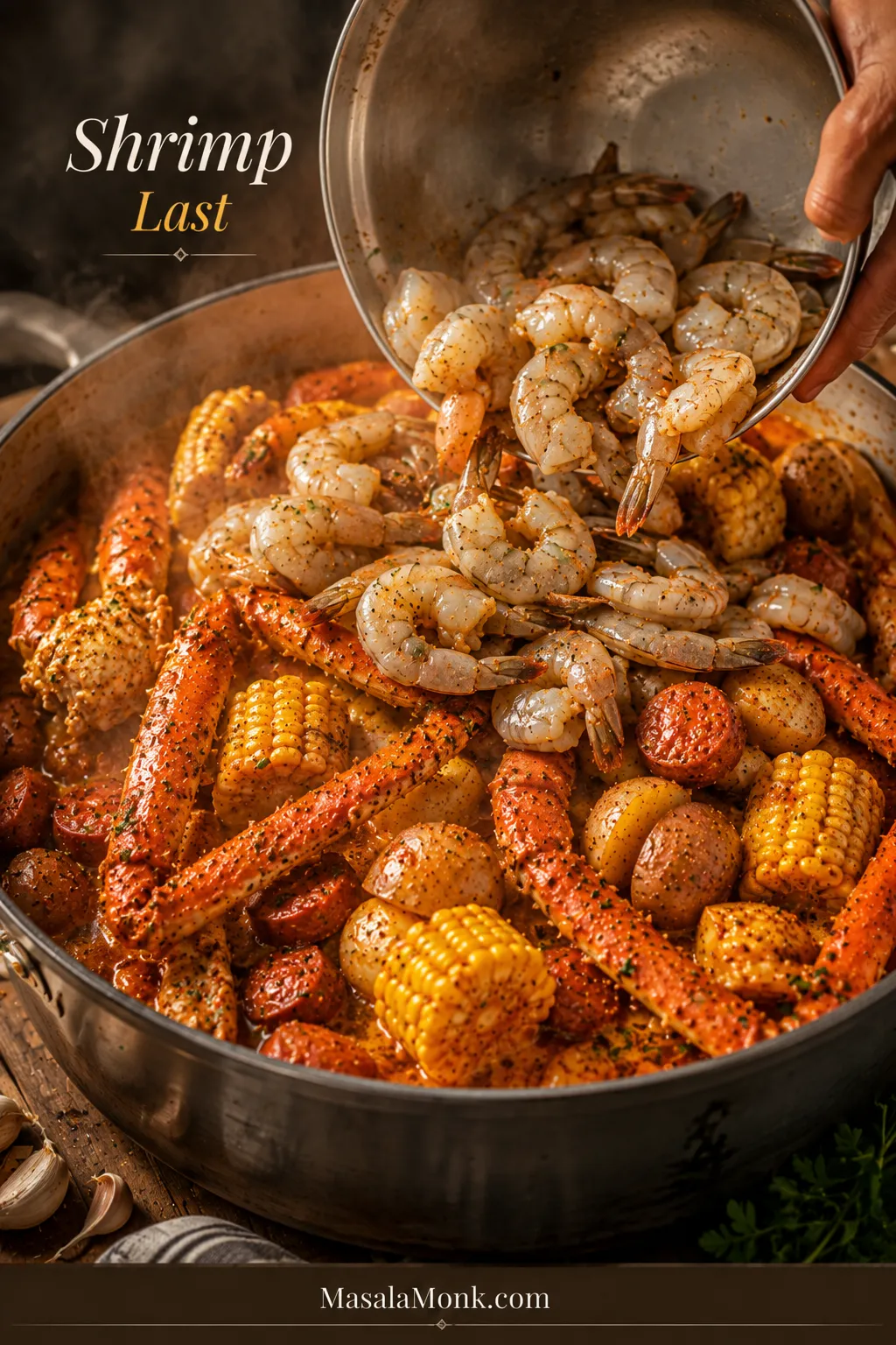 Shrimp being added last to a hot seafood boil pot after crab, corn, potatoes, and sausage.