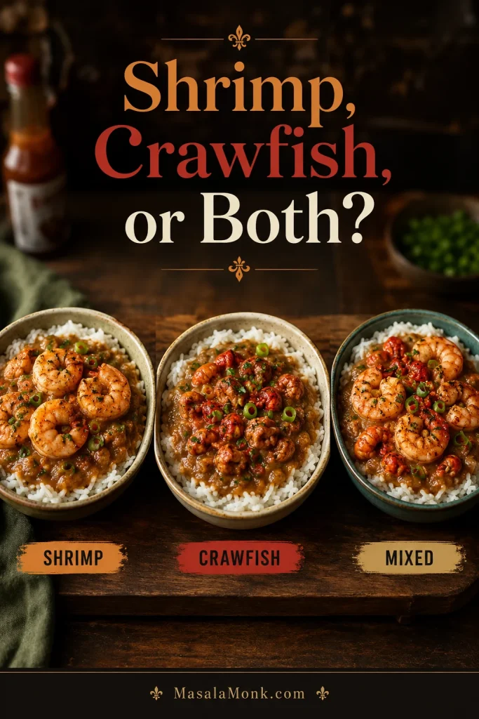 Three finished bowls comparing shrimp étouffée, crawfish étouffée, and mixed seafood étouffée