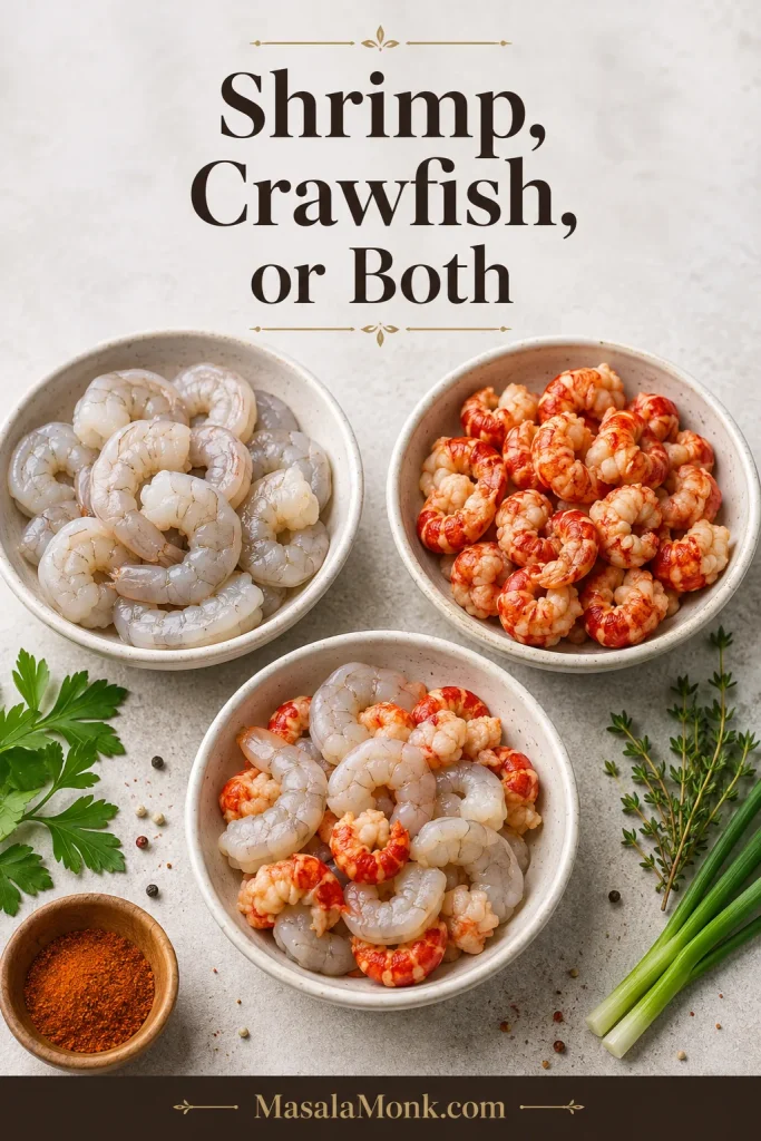 Three bowls showing shrimp, crawfish tails, and mixed seafood for Cajun étouffée