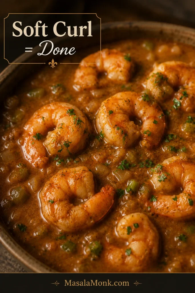 Opaque shrimp softly curled in Cajun étouffée sauce with herbs