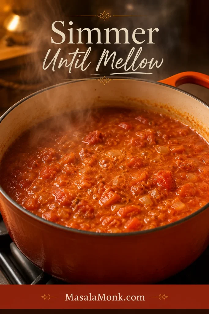 Simmered tomato soup in a pot before blending, with softened tomato pieces and a rich red-orange base.