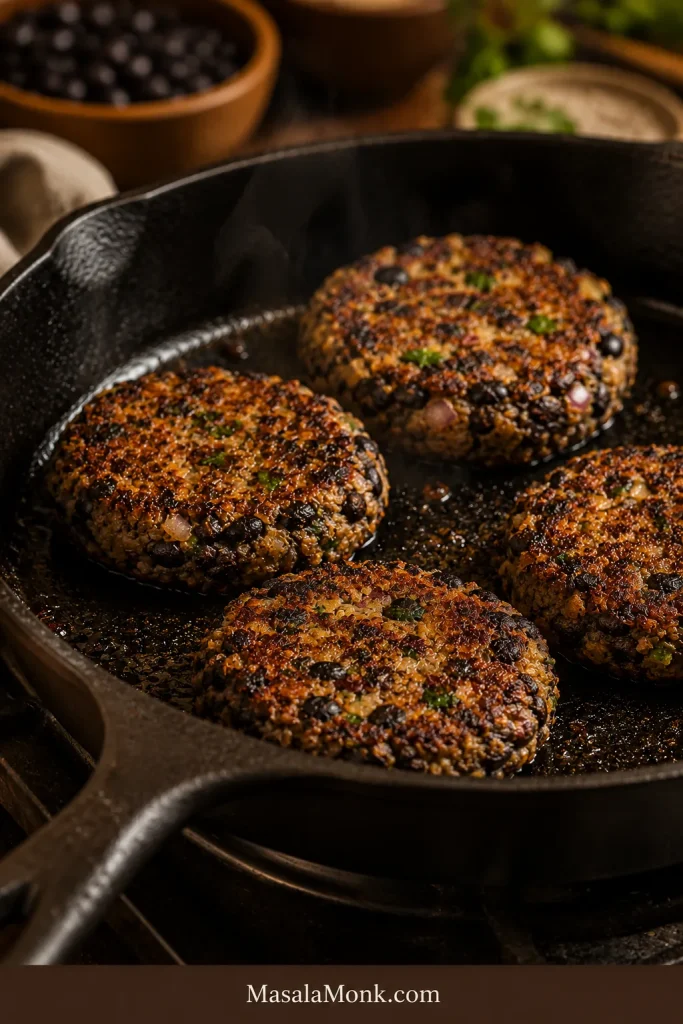 Several black bean burger patties browning in a cast iron skillet with crisp edges and an oil sheen.