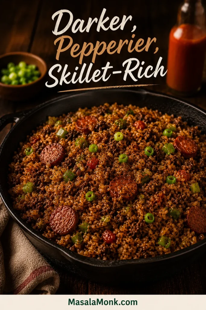 Darker dirty rice in a cast-iron skillet with ground beef, sausage, black pepper, green onions, and a warm rustic background.