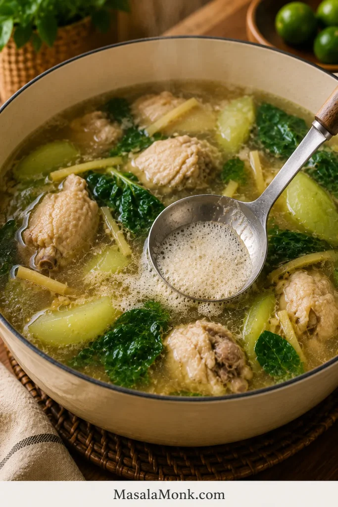 Ladle skimming foam from the surface of Chicken Tinola broth with chicken, ginger, greens, and vegetable pieces in the pot.