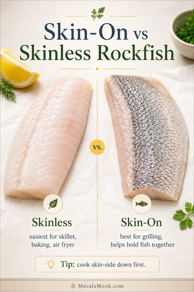Comparison guide showing raw skinless and skin-on rockfish fillets with cooking notes.