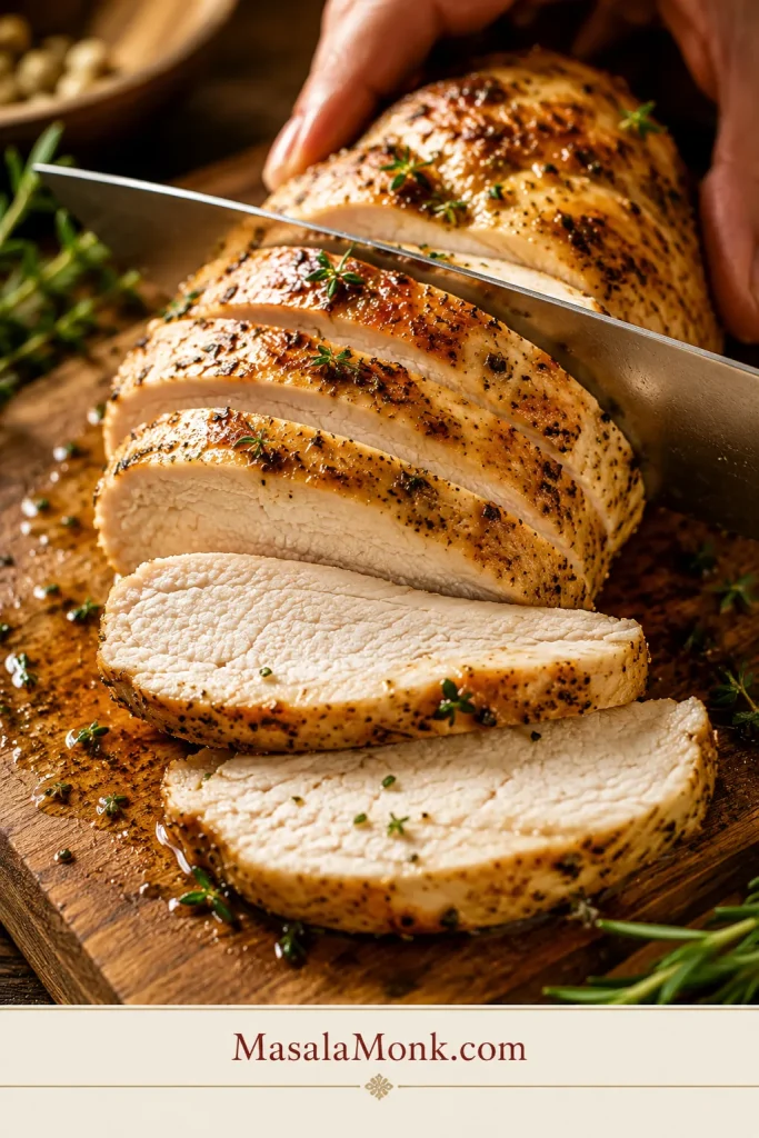 Turkey tenderloin being sliced into moist medallions after resting.