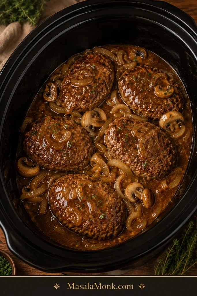 Slow cooked Salisbury steak patties in brown gravy with softened onions and mushrooms inside a dark slow cooker.