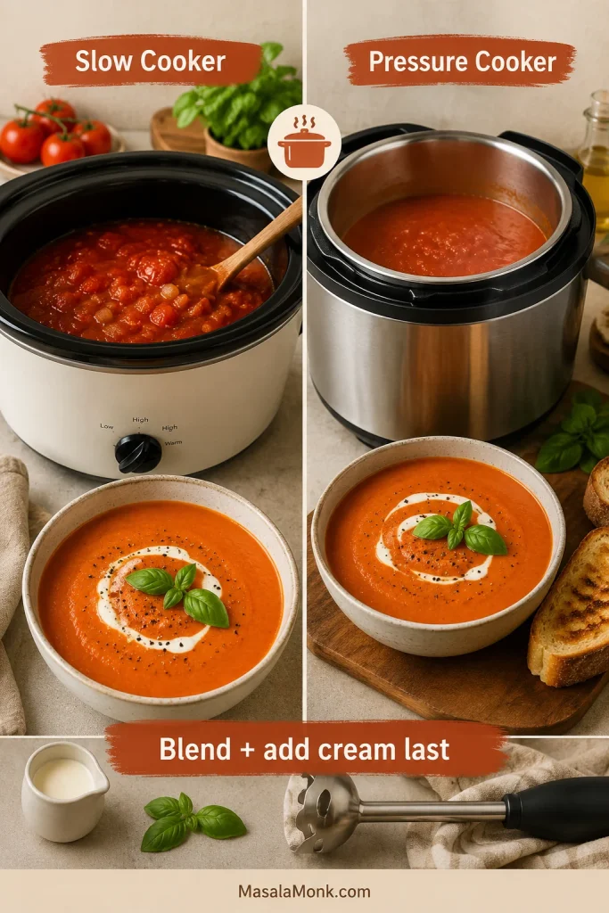 Split guide showing tomato bisque in a slow cooker and pressure cooker with finished bowls.