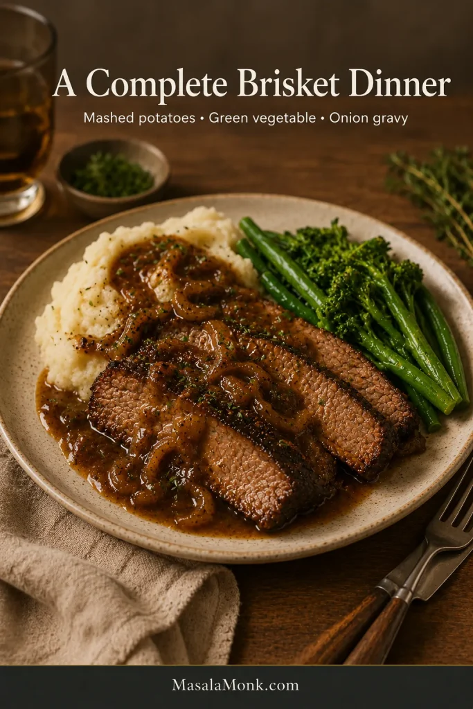 Plate of sliced brisket with onion gravy, mashed potatoes and green vegetables arranged as a complete roast-style dinner.