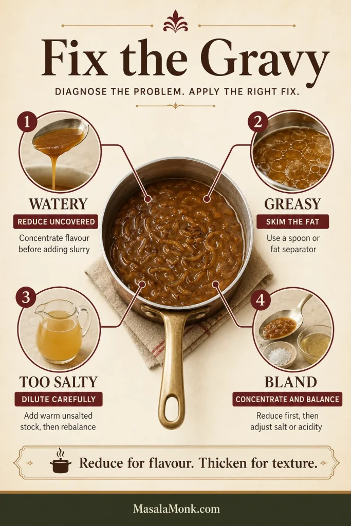 Four-part gravy troubleshooting guide pairing watery, greasy, salty and bland onion gravy with reduction, skimming, dilution and flavor balancing.