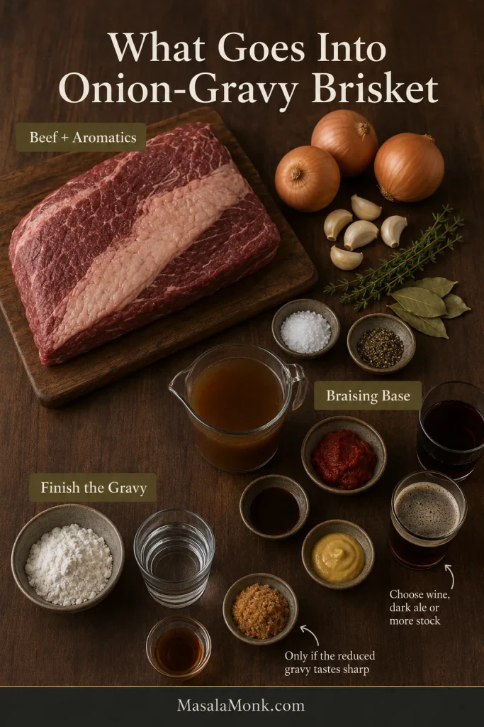 Raw brisket arranged with sliced onions, garlic, beef stock, red wine, dark ale, tomato paste, Dijon mustard, Worcestershire sauce and herbs.