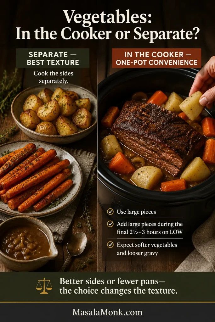 Split comparison of separately roasted potatoes and carrots with large vegetable pieces being added late around brisket in a slow cooker.