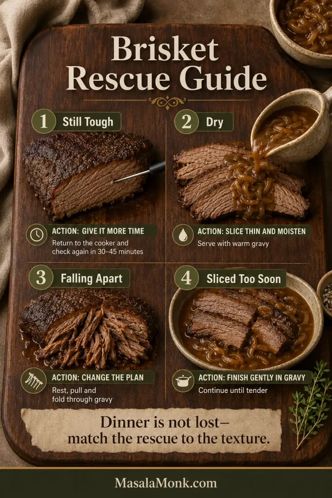 Four-part brisket rescue guide pairing still-tough meat, dry slices, falling-apart brisket and prematurely sliced meat with different corrective actions.