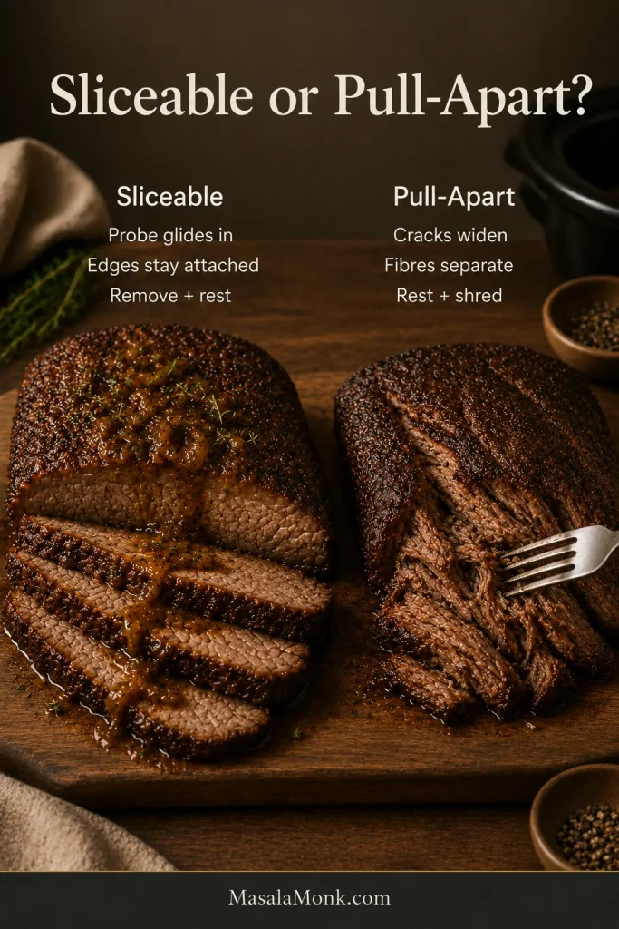 Side-by-side comparison of intact sliced brisket with attached edges and softer brisket separating into broad, moist pulled fibers.