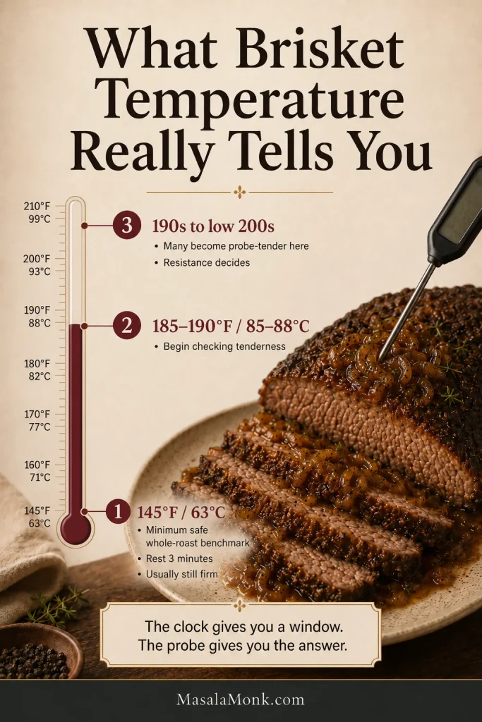 Vertical brisket temperature scale relating 145°F to beef safety, 185–190°F to tenderness checks and the 190s to low 200s to common finishing temperatures.