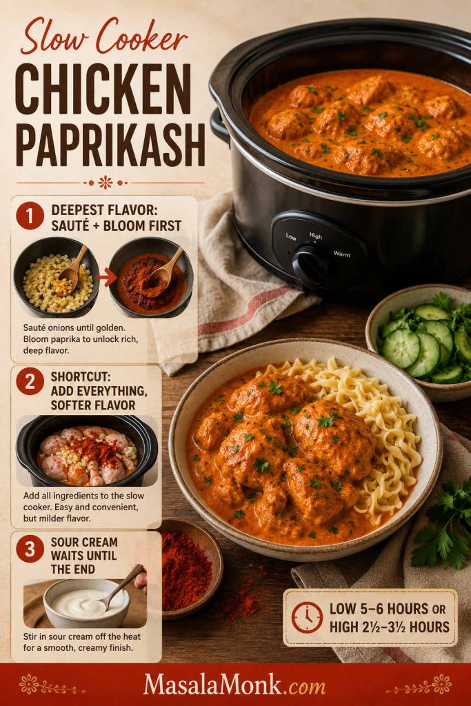 Slow cooker chicken paprikash guide showing a Crock Pot, sautéed onions, paprika bloom, sour cream and egg noodles.