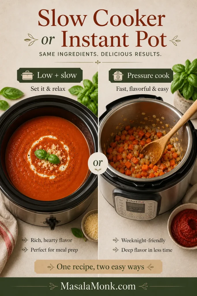 Split guide showing slow cooker tomato basil soup on one side and Instant Pot tomato soup preparation on the other.