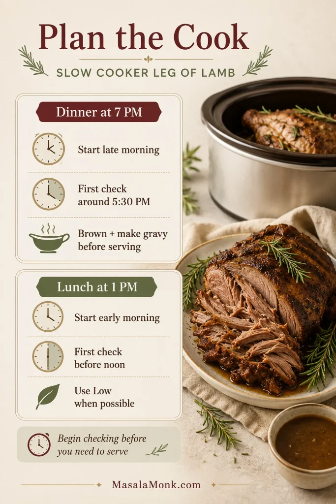 Schedule board for slow cooker leg of lamb showing dinner at 7 PM and lunch at 1 PM planning steps.
