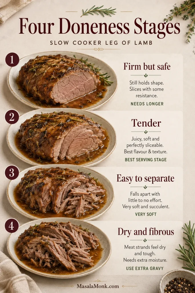 Four-stage guide showing slow cooker lamb as firm but safe, tender, easy to separate, and dry and fibrous.