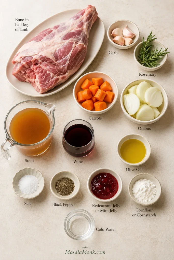 Ingredient board for slow cooker leg of lamb with lamb, garlic, rosemary, onions, carrots, stock, wine, salt, pepper and gravy ingredients.