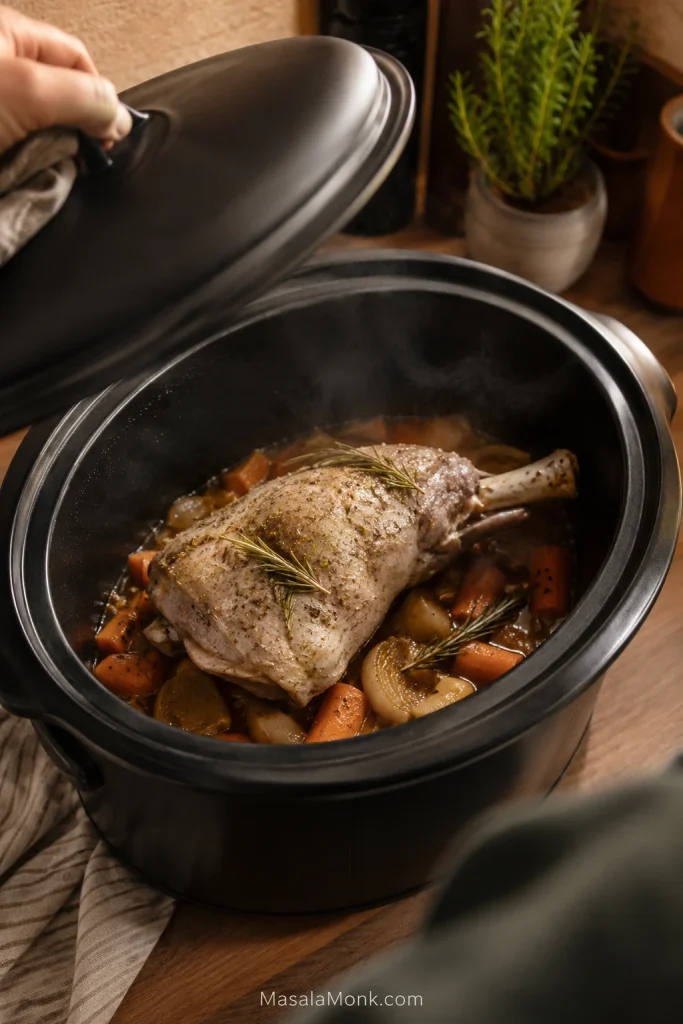 Hand lifting the lid of a slow cooker with a pale cooked bone-in leg of lamb over onions, carrots, rosemary and cooking juices.