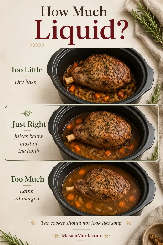 Three-panel liquid guide showing too little liquid, just-right liquid below most of the lamb and too much liquid submerging the lamb.