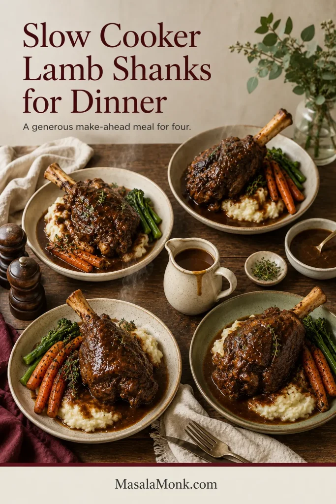 Four place settings with lamb shanks, mashed potatoes, carrots, green vegetables and gravy on a wooden dinner table.