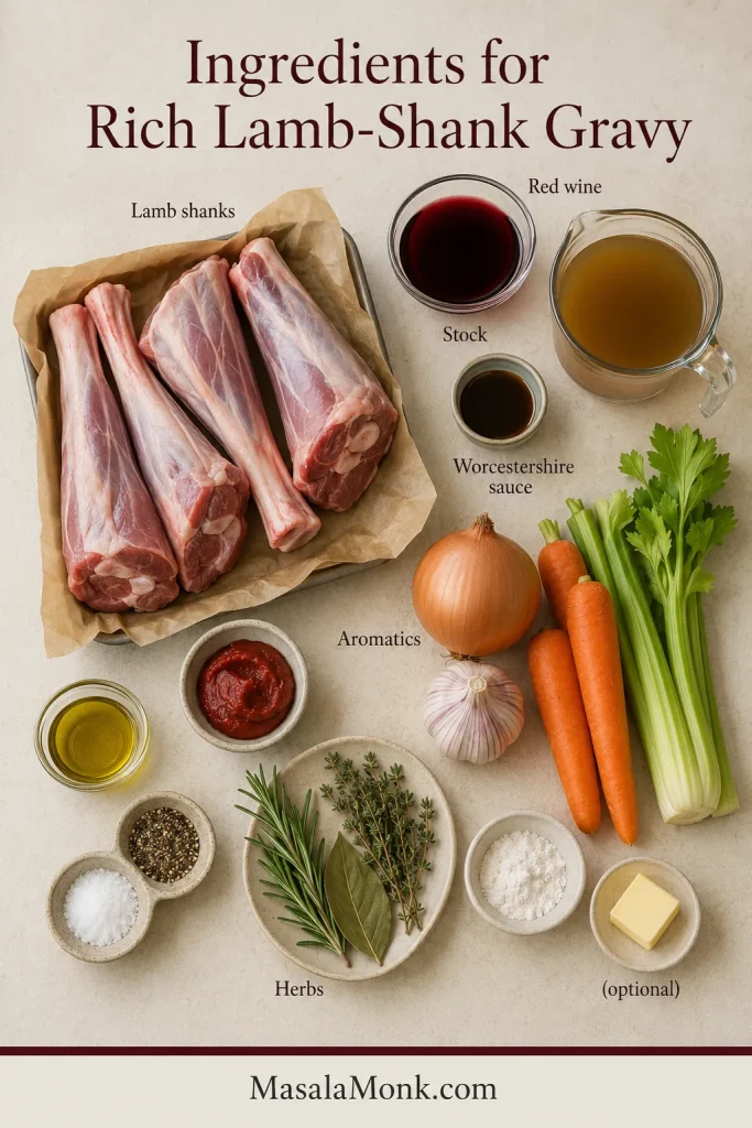 Overhead ingredient layout with four raw lamb shanks, red wine, stock, aromatics, herbs, tomato paste and seasonings.