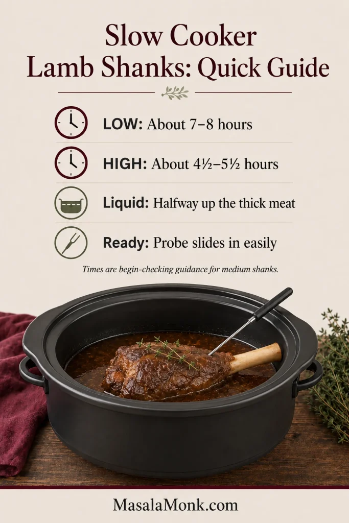 Quick-guide graphic showing LOW and HIGH cooking windows, halfway liquid depth and a probe entering tender lamb.