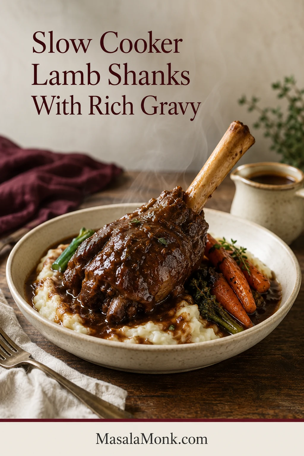 Slow-cooked lamb shank on mashed potatoes with glossy brown gravy, roasted carrots, green vegetables and a cream gravy jug.