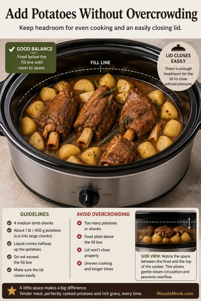 Four lamb shanks and about 1 pound of potato chunks arranged below the fill line in a slow cooker with visible headroom for the lid.