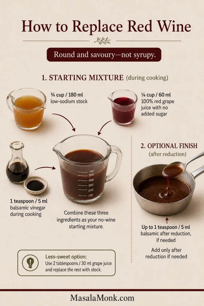 Wine-replacement graphic combining low-sodium stock, red grape juice and balsamic vinegar, with optional balsamic after reduction.