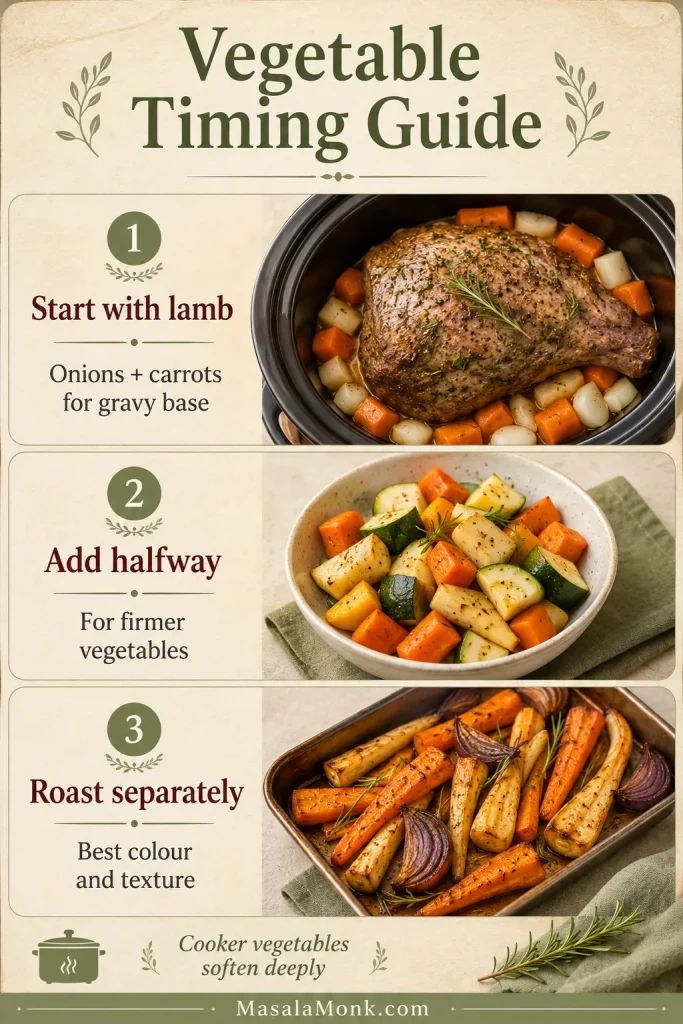 Vegetable timing guide showing onions and carrots with lamb, firmer vegetables to add halfway and roasted vegetables cooked separately.