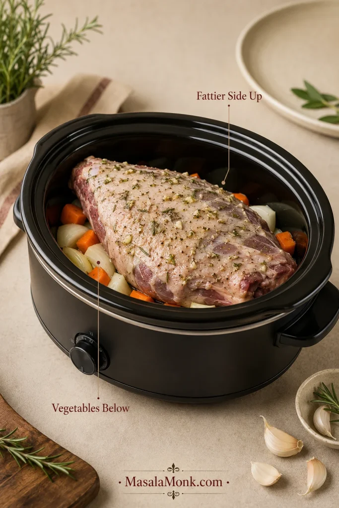Raw rubbed leg of lamb resting on onions and carrots in a black slow cooker with labels for vegetables below and fattier side up.