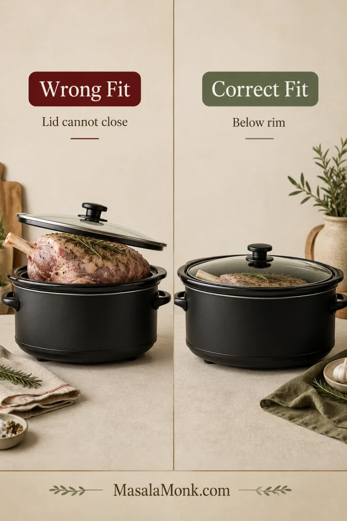 Split image comparing a lamb leg that prevents the slow-cooker lid from closing with a smaller leg below the rim and lid closed flat.