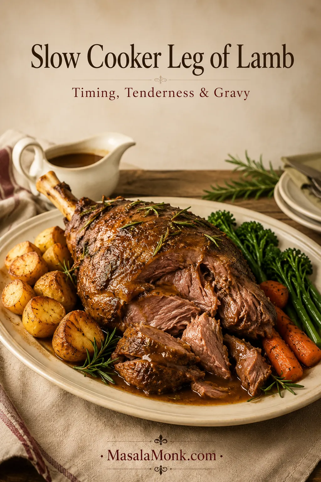 Finished slow cooker leg of lamb on an ivory platter with gravy, roast potatoes, carrots, green vegetables and rosemary.