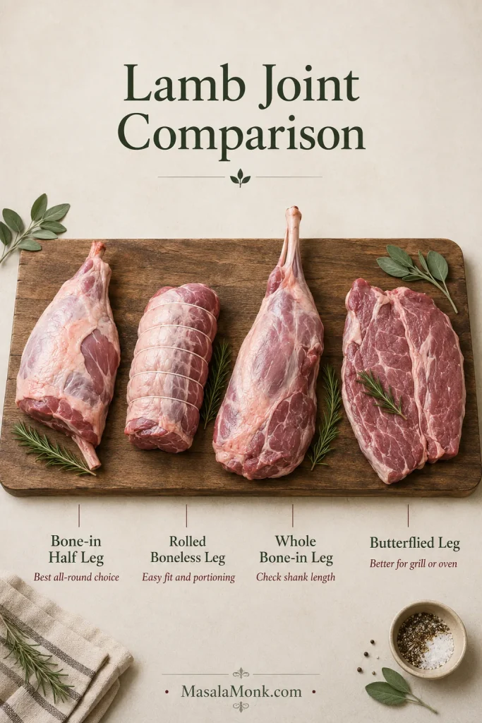 Four lamb cuts on a board labelled bone-in half leg, rolled boneless leg, whole bone-in leg and butterflied leg.