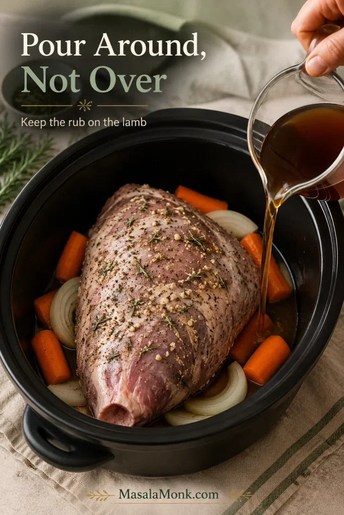 Stock or wine being poured down the side of a slow cooker around a raw rubbed leg of lamb without washing off the seasoning.