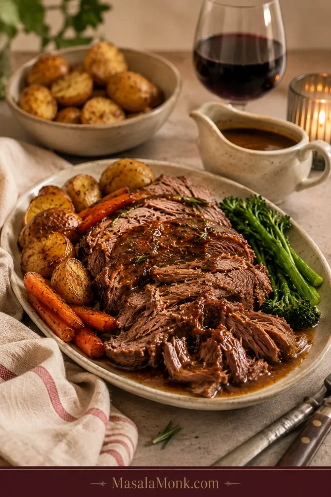 Slow cooker leg of lamb served in broad tender pieces with gravy, roast potatoes, carrots, green vegetables and extra gravy on the side.